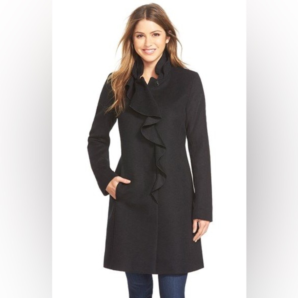 DKNY Ruffle Front Wool Blend Coat